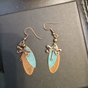 BOHO Dragonfly Earrings Copper Green Dangle Earrings